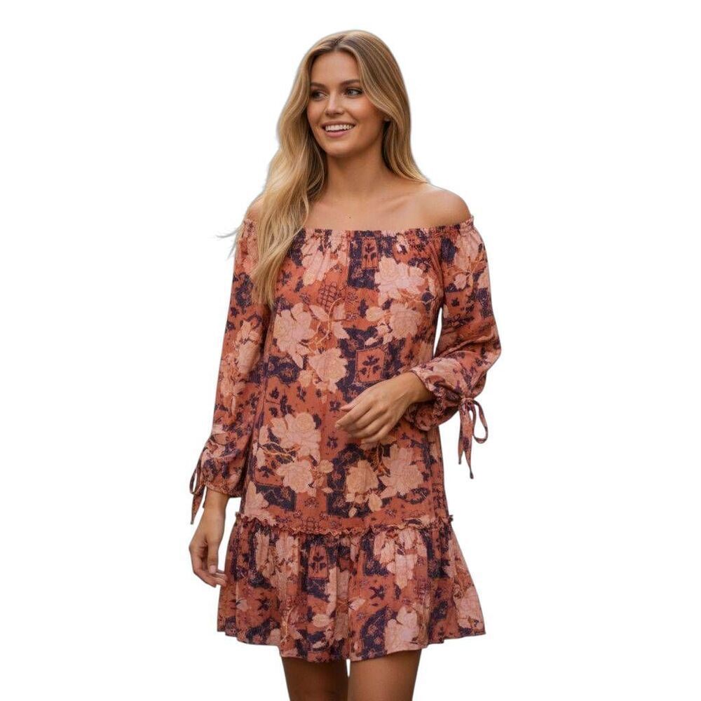 XHILARATION OFF-THE-SHOULDER PEACH/PINK FLORAL DRESS SZ.L EUC.